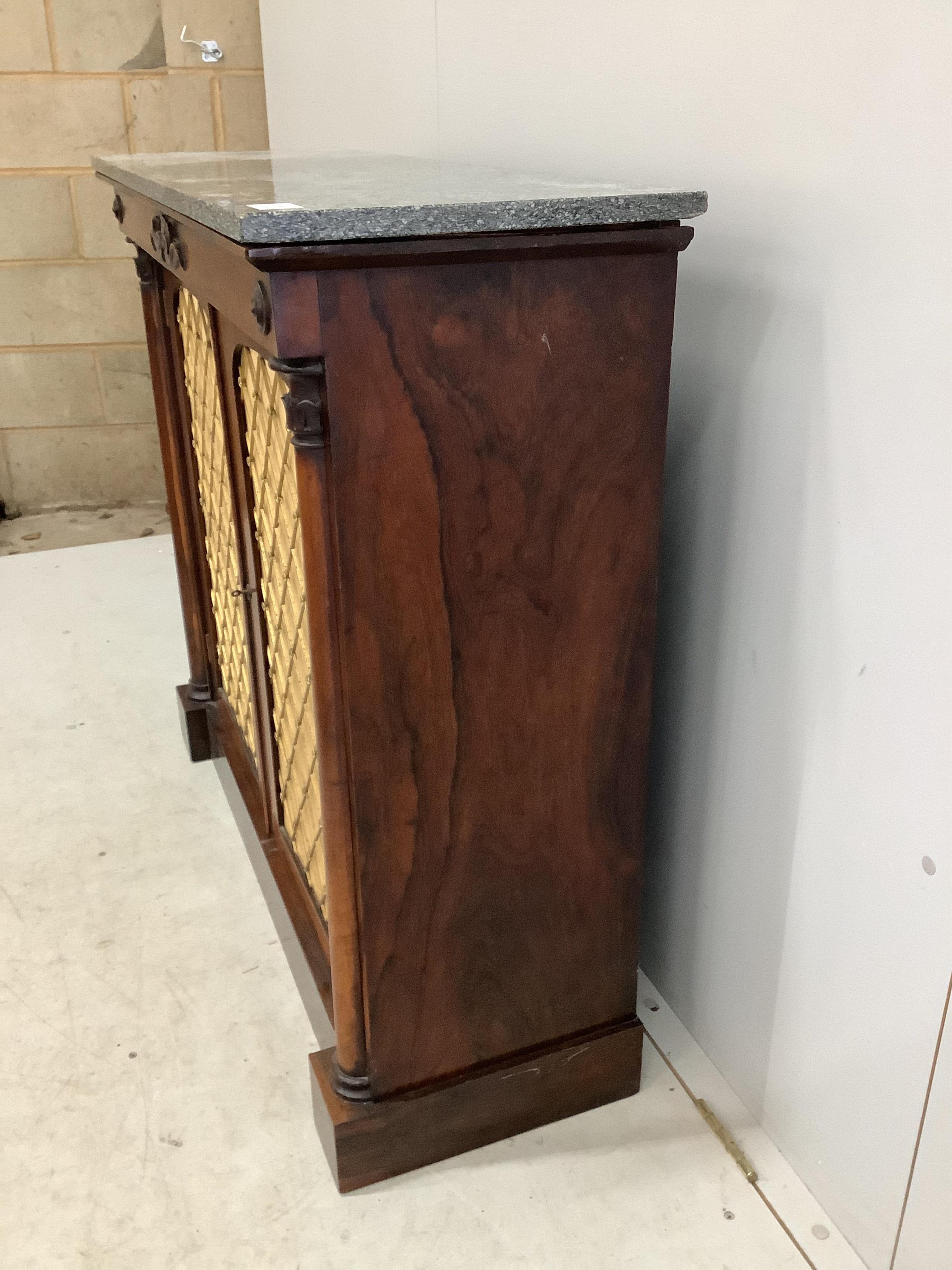 A William IV rosewood marble top side cabinet, width 106cm, depth 37cm, height 96cm. Condition - fair to good